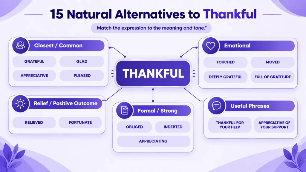 15 natural alternatives to thankful including grateful appreciative touched relieved and indebted
