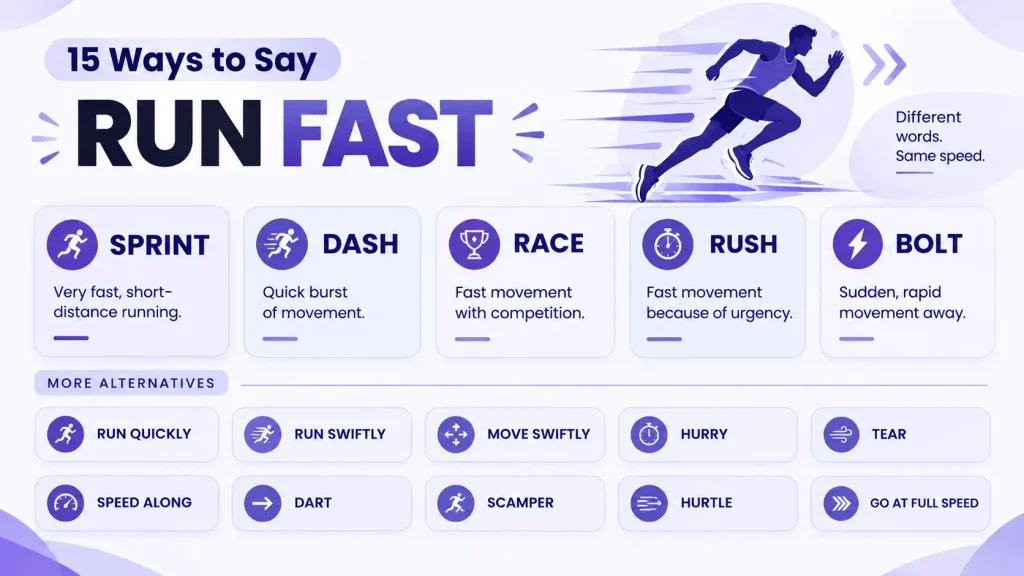 15 ways to say run fast including sprint, dash, race, rush, and bolt