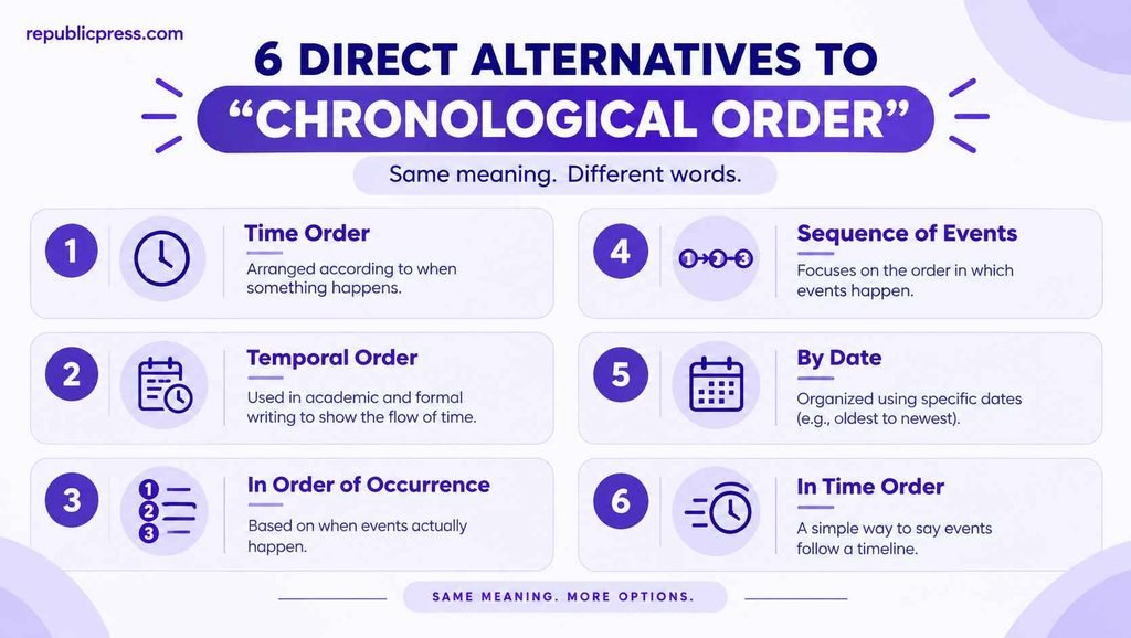 6 direct alternatives to chronological order including time order, temporal order, in order of occurrence, sequence of events, by date, and in time order