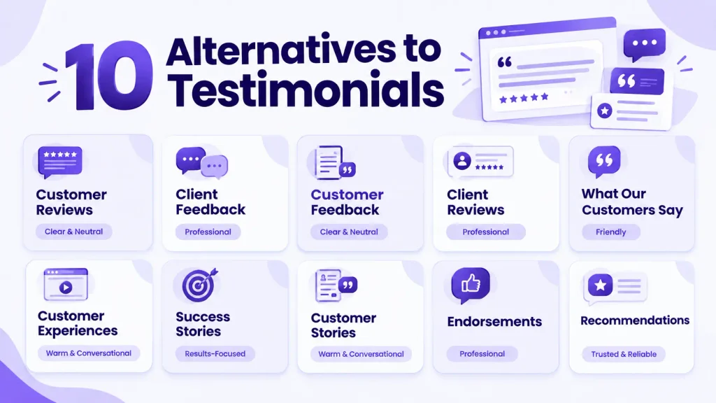 10 alternatives to testimonials on a website including customer reviews and client feedback