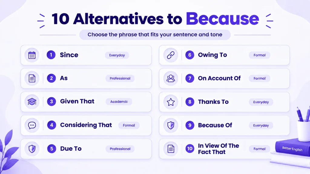 10 alternatives to because including since as and given that
