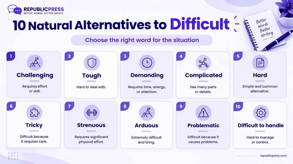 Infographic showing natural alternatives to difficult including challenging, tough, demanding, complicated, and tricky