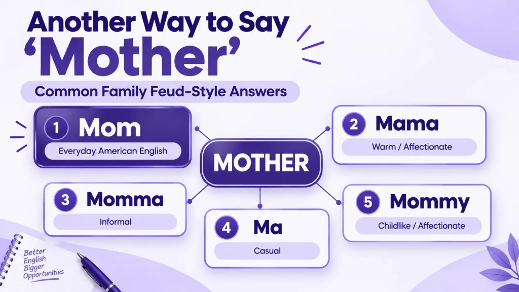 Another way to say mother in Family Feud with common answers such as Mom, Mama, Momma, Ma, and Mommy
