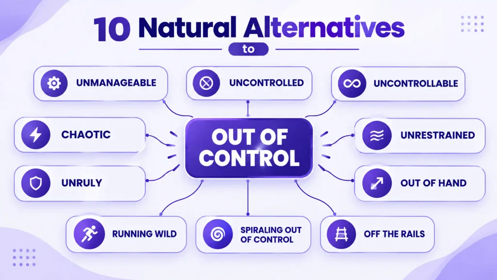 10 natural alternatives to out of control including unmanageable, chaotic, unruly, and out of hand