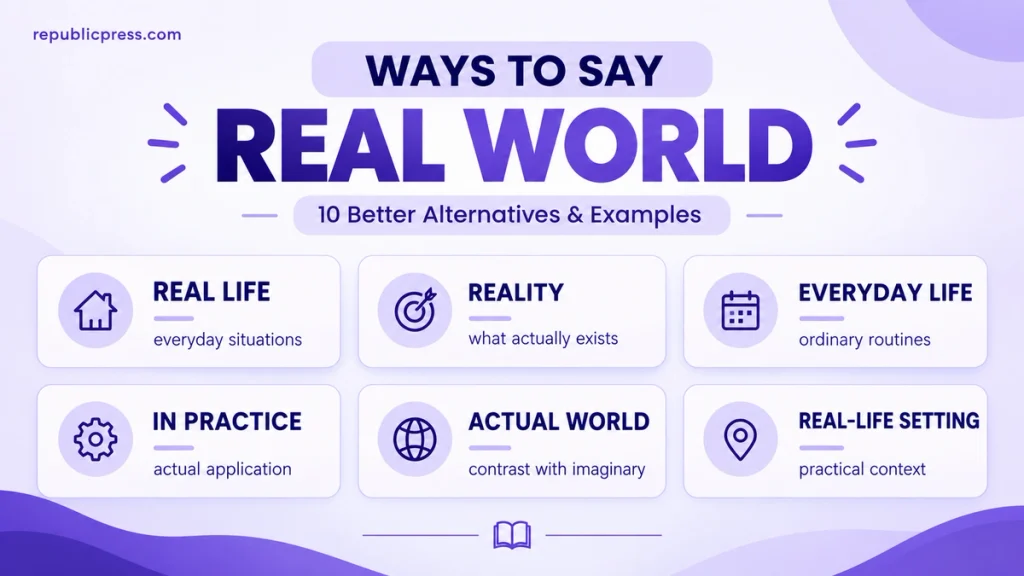 10 alternatives to say real world including real life, reality, everyday life, and in practice
