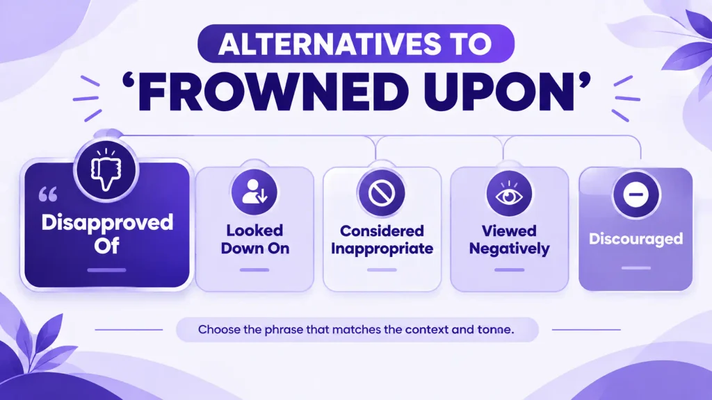 Best alternatives to frowned upon including disapproved of and looked down on