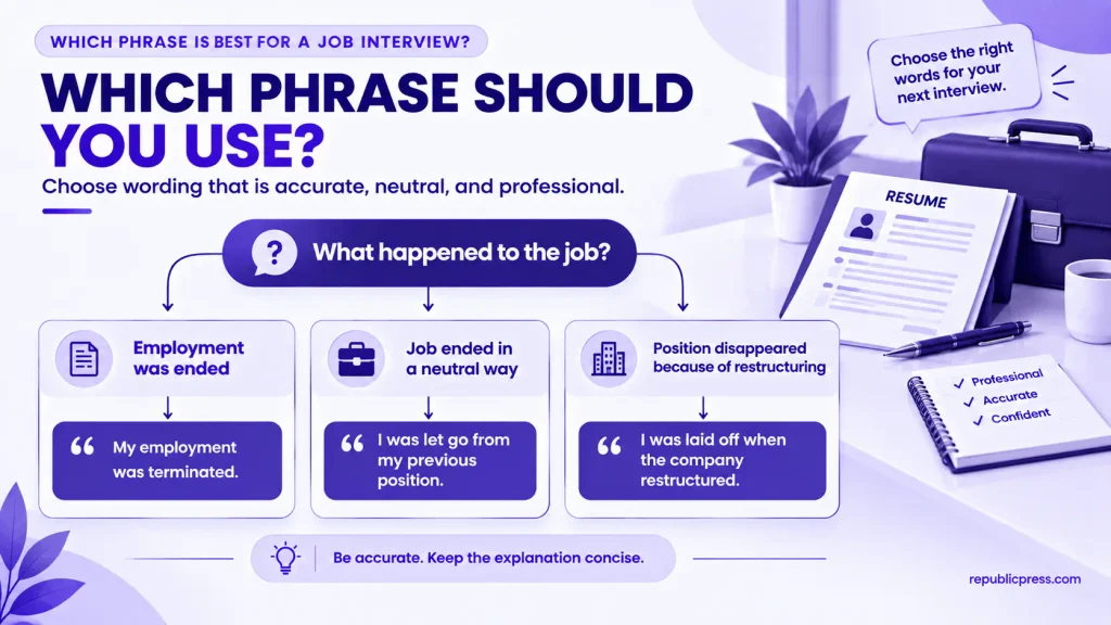 Choosing professional phrases for a job interview after being fired