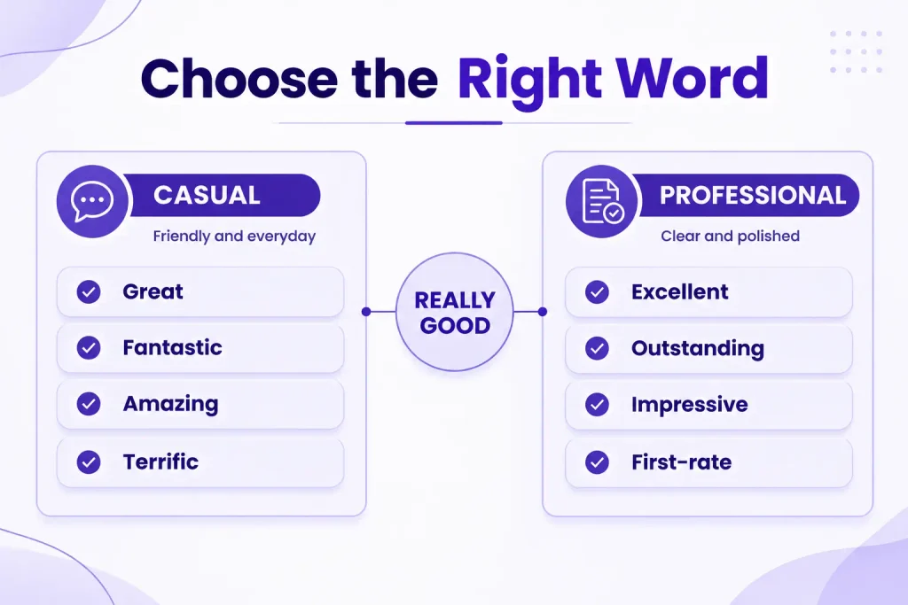 Casual and professional alternatives to really good compared by tone and context