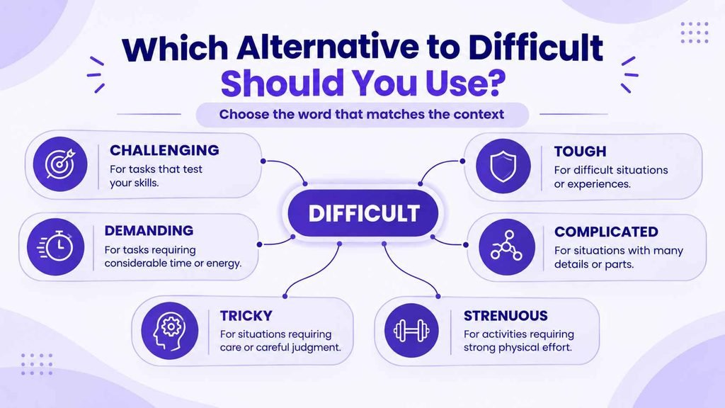 Guide showing which alternative to difficult to use for challenging, complicated, demanding, tricky, and strenuous situations