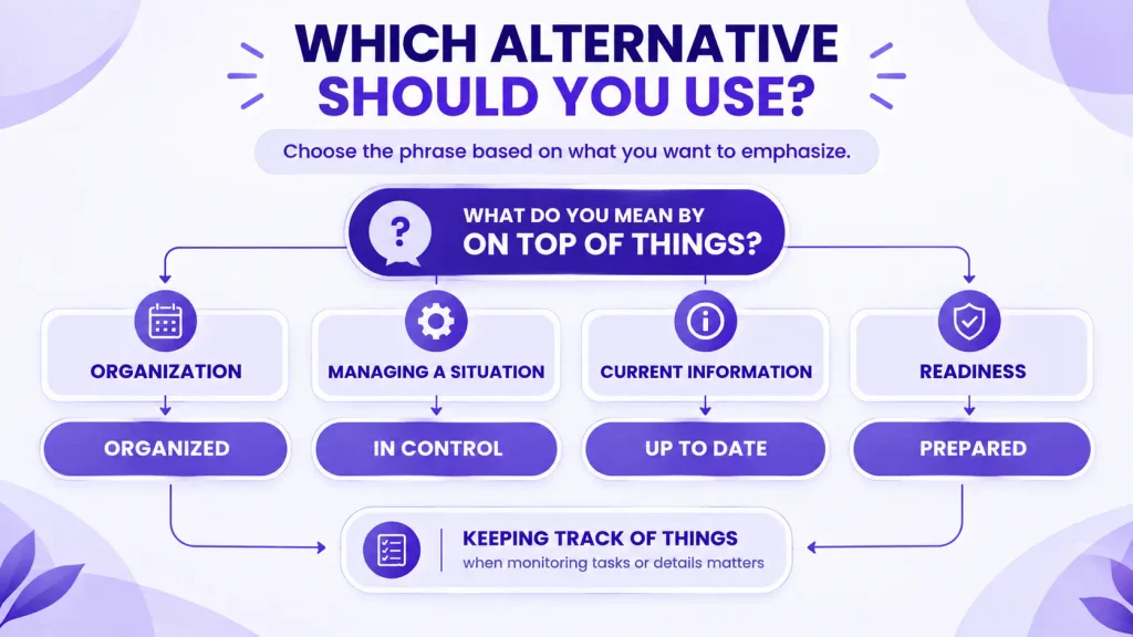 choosing the right alternative to on top of things by context