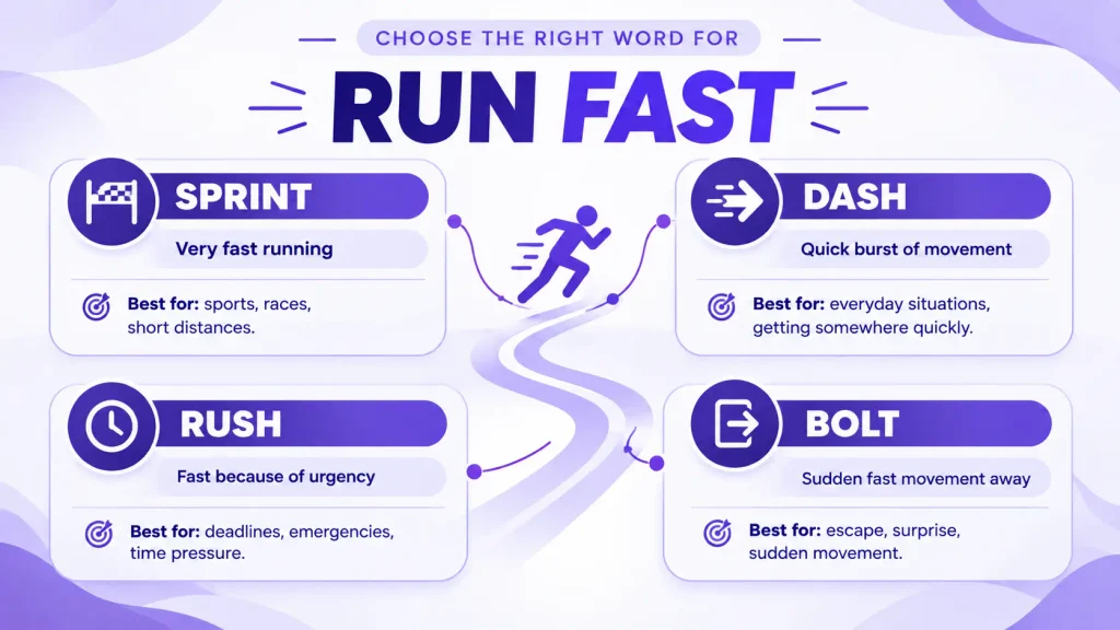 Comparison of sprint, dash, rush, and bolt as alternatives to run fast