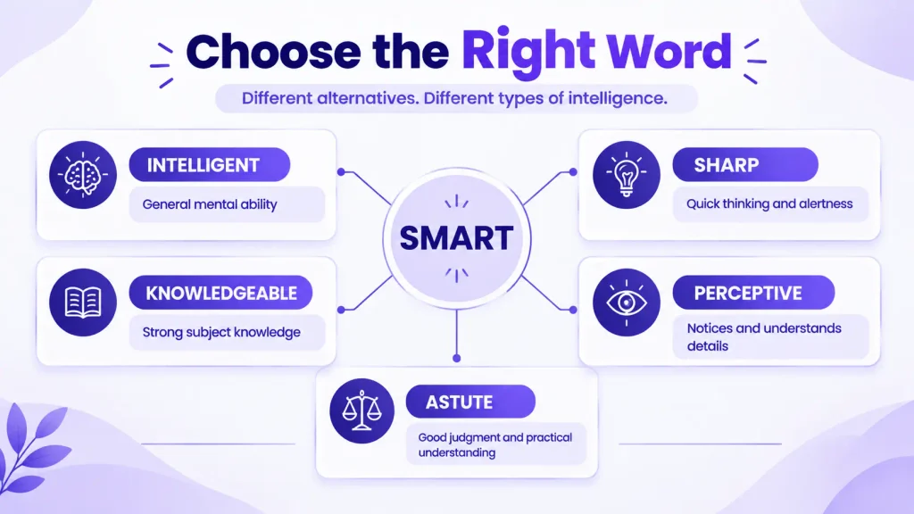 Comparison of smart alternatives including intelligent, sharp, knowledgeable, perceptive, and astute