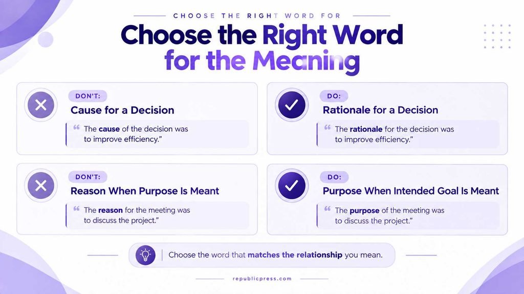 Do and don't guide for using reason cause rationale and purpose correctly