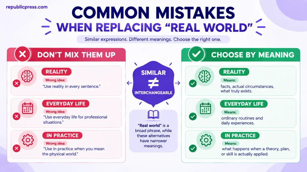 Common mistakes when replacing real world with reality, everyday life, and in practice