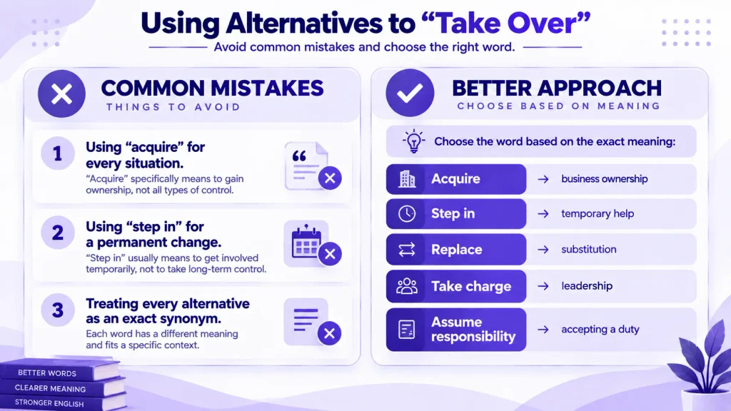 Common mistakes when choosing alternatives to take over, with better word choices for each context.