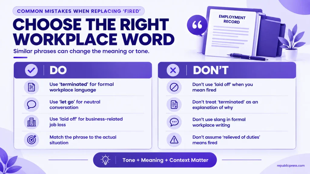 Common mistakes when using alternatives to fired in English