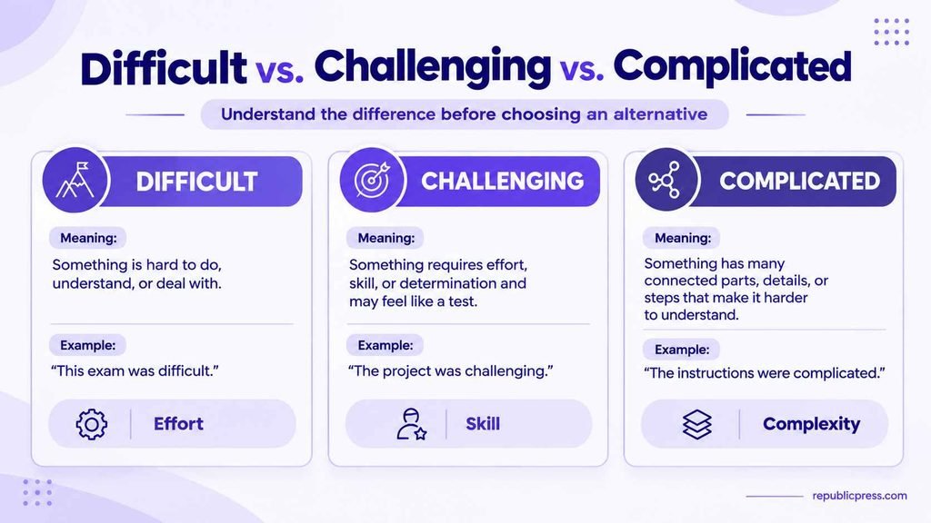 Comparison infographic explaining the difference between difficult, challenging, and complicated