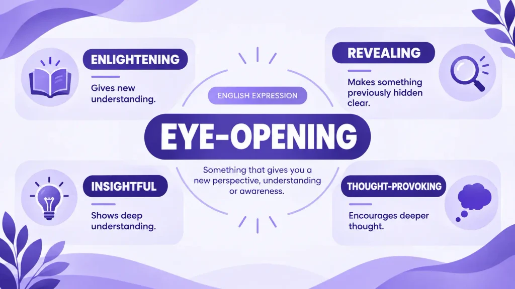 Eye-opening meaning and tone guide showing enlightening, revealing, insightful, and thought-provoking alternatives