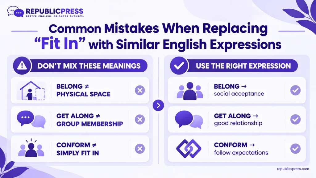 Common mistakes when replacing fit in, showing differences between belong, get along, and conform.