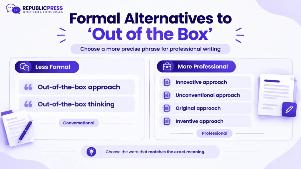 Formal alternatives to out of the box for professional writing