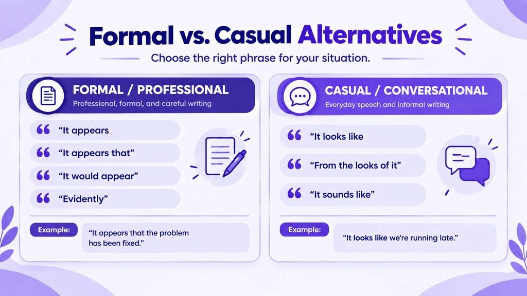 Formal and casual alternatives to it seems in English