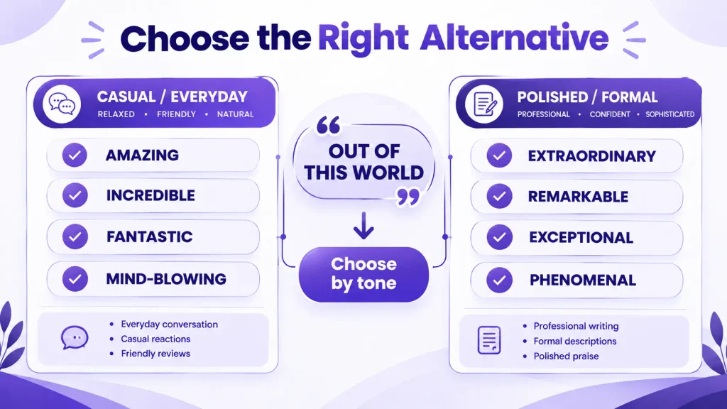 Formal and casual alternatives to out of this world in American English