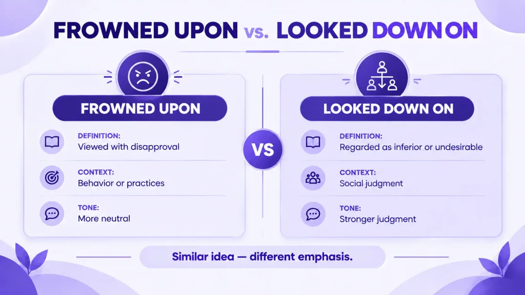 Difference between frowned upon and looked down on in English