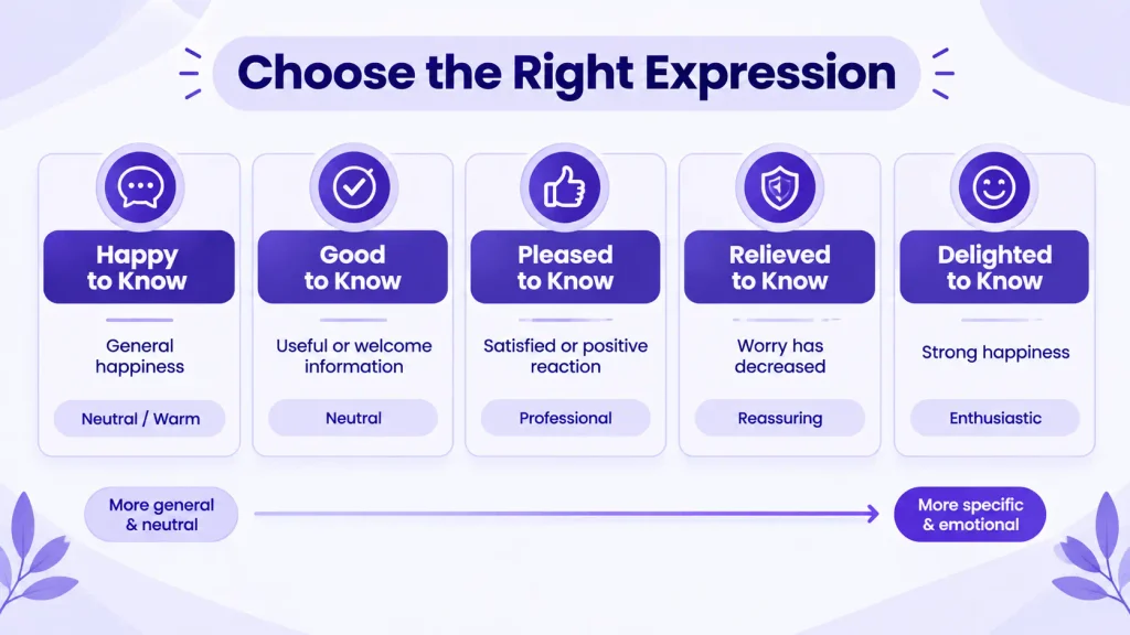 Comparison of glad to know alternatives by meaning tone and context