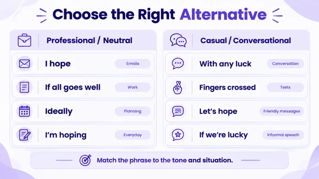 Formal and casual alternatives to hopefully compared by tone