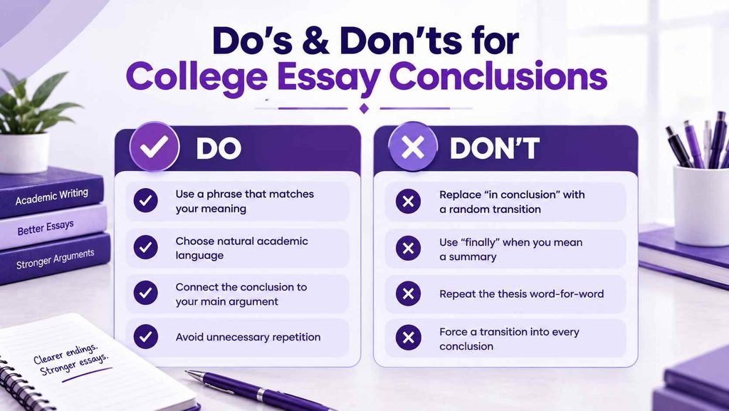 Dos and don'ts when replacing in conclusion in a college essay