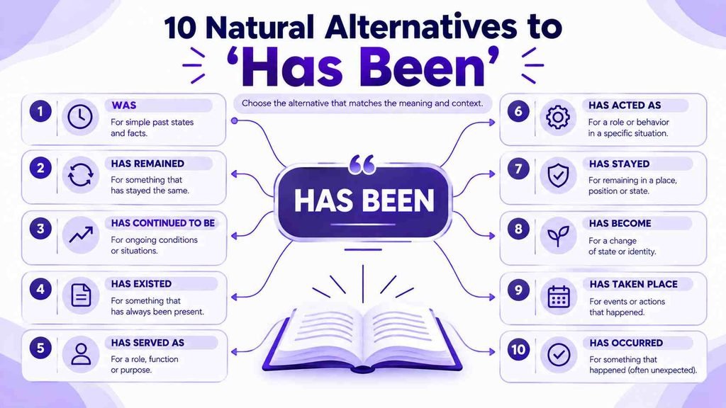 Infographic showing 10 natural alternatives to “has been”