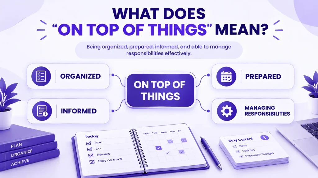 meaning of on top of things with organized and prepared examples