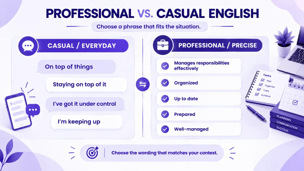 professional and casual alternatives to on top of things