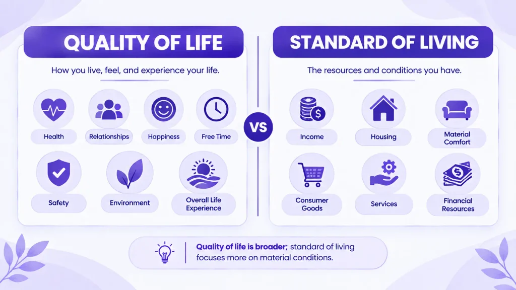 Quality of life vs standard of living comparison infographic