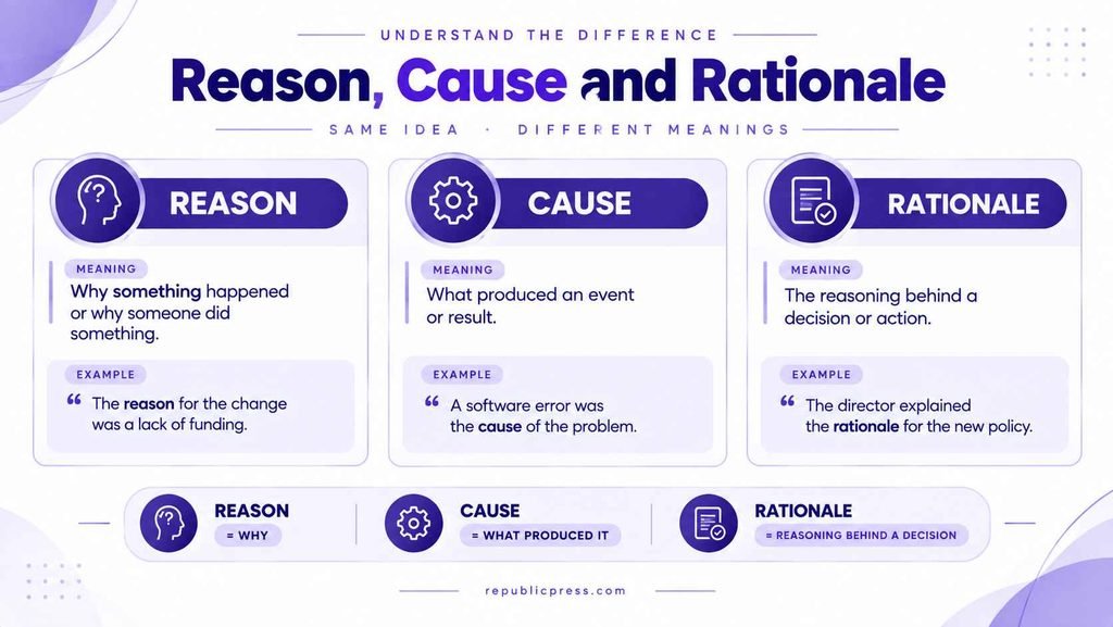 Comparison of reason cause and rationale with their meanings and example sentences