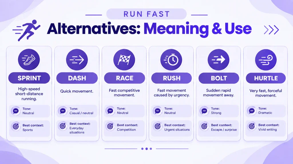 Run fast alternatives comparison showing sprint, dash, race, rush, bolt, and hurtle