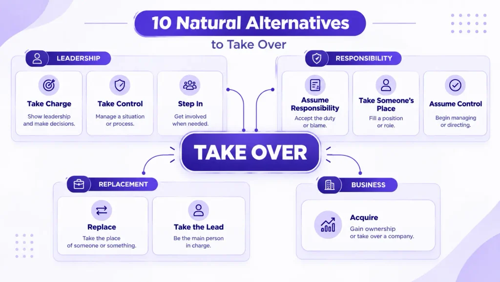 10 natural alternatives to take over, including take charge, replace, acquire, and take the lead.