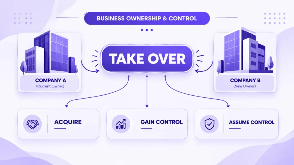 Business alternatives to take over, including acquire, gain control, and assume control.