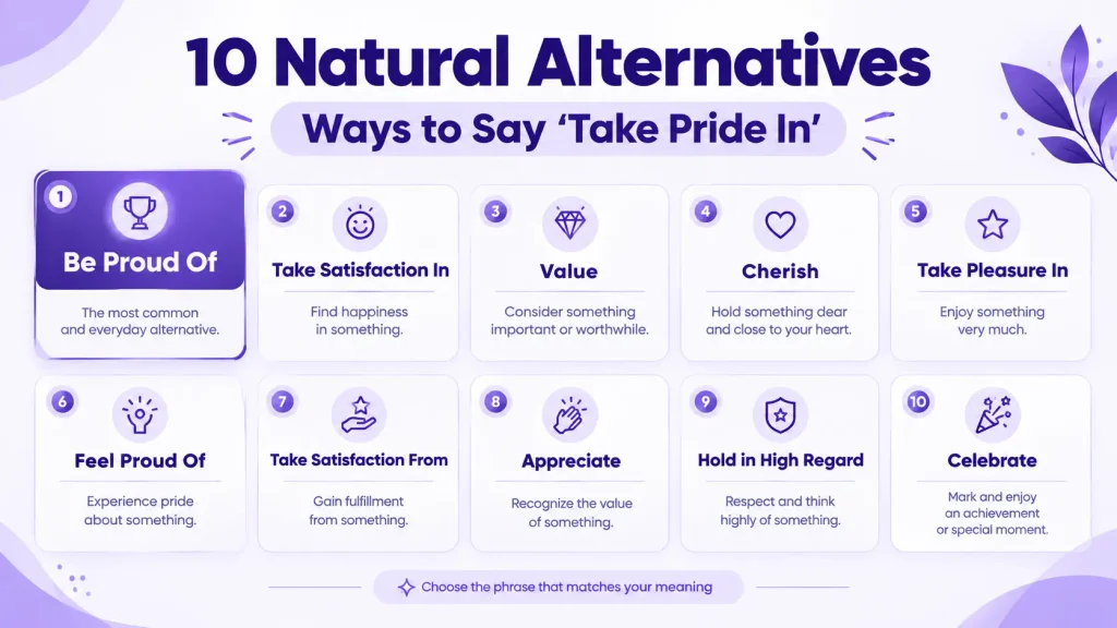 10 natural alternatives to take pride in including be proud of and take satisfaction in