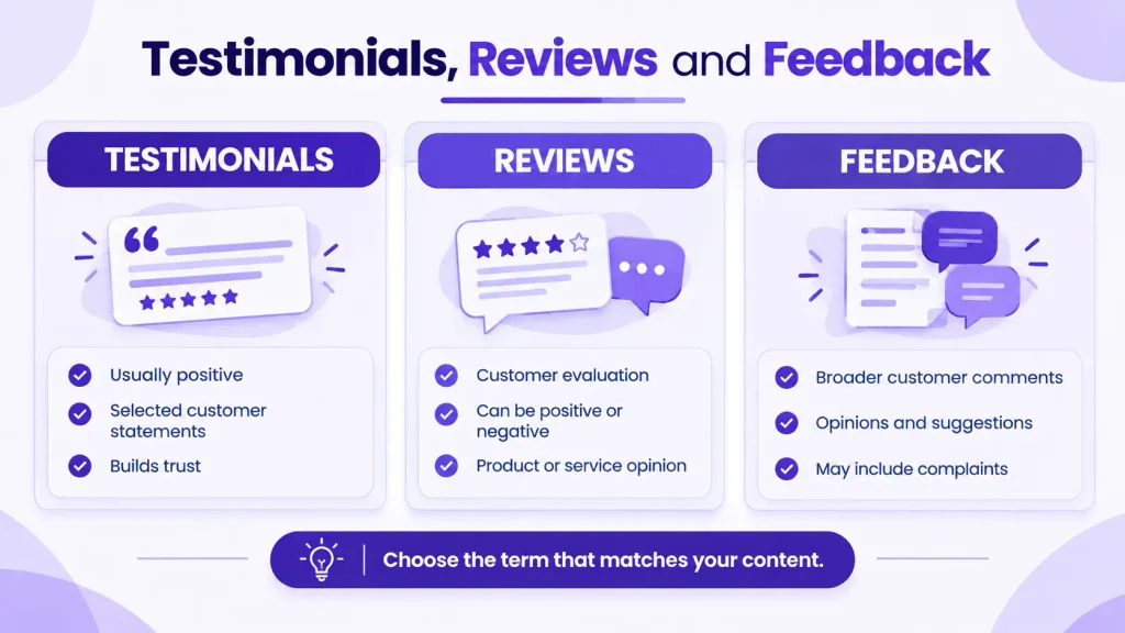 comparison of testimonials reviews and customer feedback for websites