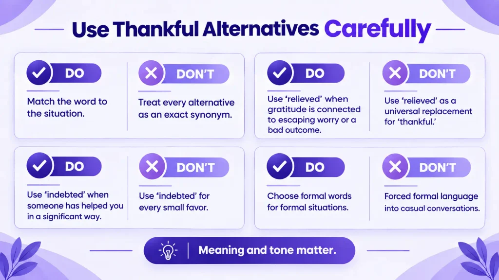 Common mistakes when using thankful alternatives such as relieved and indebted