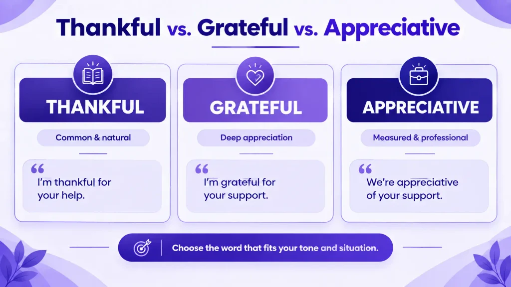 Thankful vs grateful vs appreciative showing differences in tone and usage