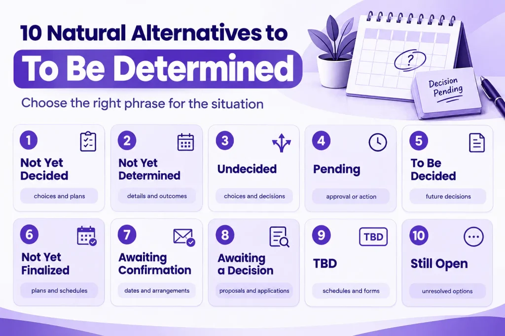 10 natural alternatives to “to be determined,” including pending, TBD, not yet decided, and not yet finalized