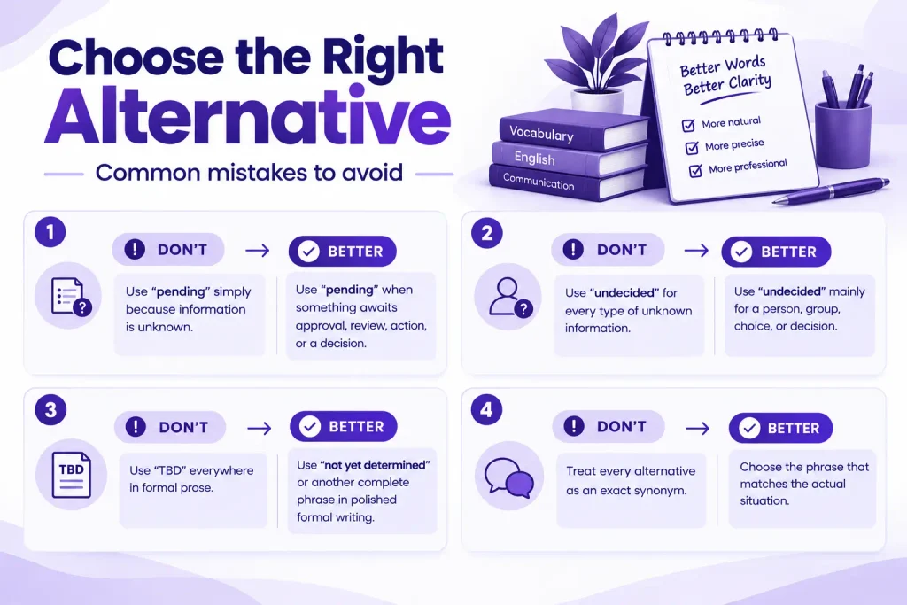 Common mistakes when choosing alternatives to “to be determined,” including misuse of pending, TBD, and undecided