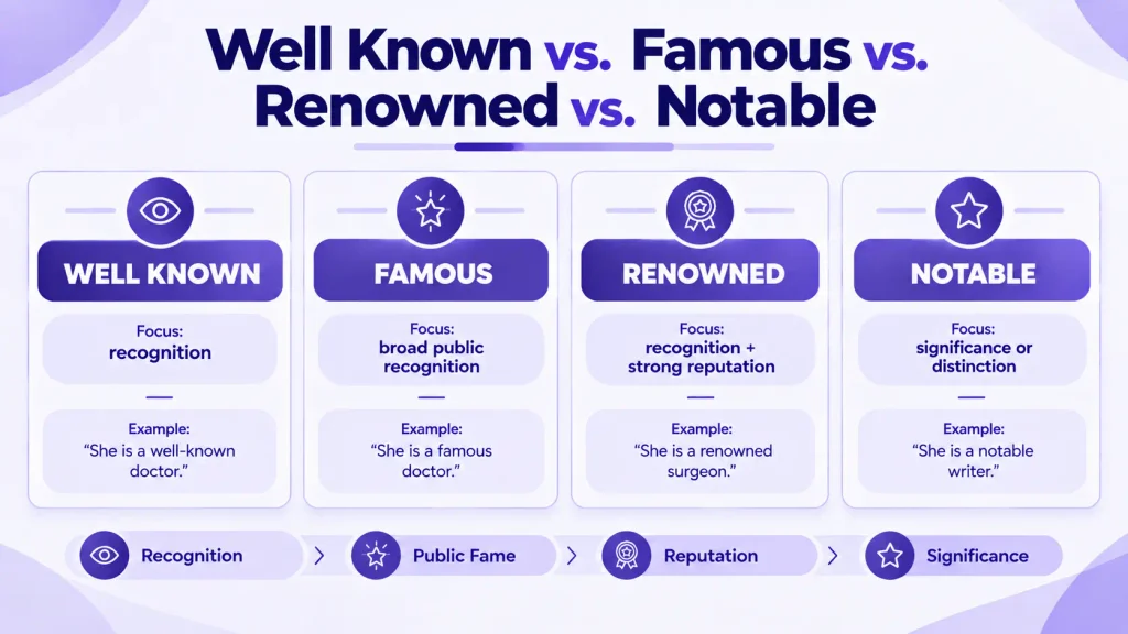 Comparison of well known famous renowned and notable in English