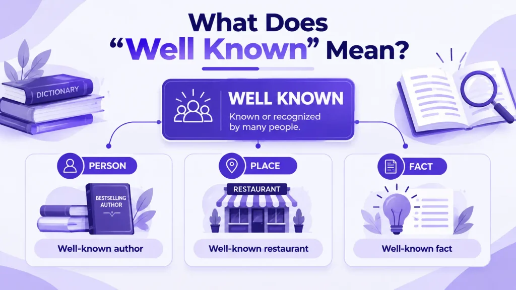 Meaning of well known with examples showing recognition by many people