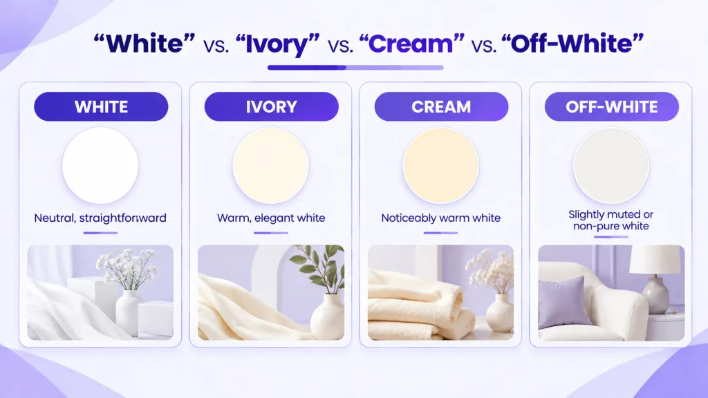 White vs ivory vs cream vs off-white color comparison