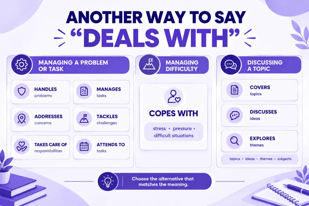 Another way to say deals with: handles, manages, addresses, tackles, covers, and discusses