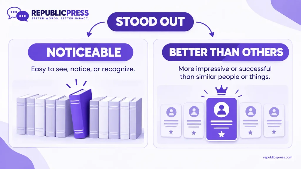 Another way to say stood out showing noticeable and better-than-others meanings