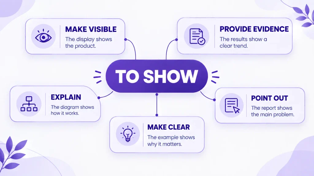 Different meanings of to show including provide evidence, explain, point out, and make clear